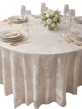 Vintage Ivory Damask Tablecloth Floral Jacquard Elegant Wedding Holiday Table
